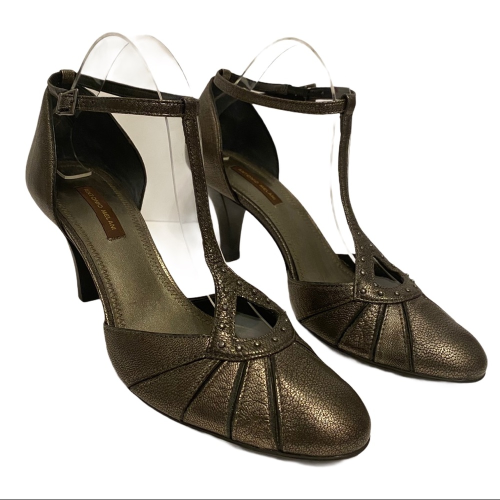 ANTONIO MELANI Brown Leather Ankle Strap Pumps